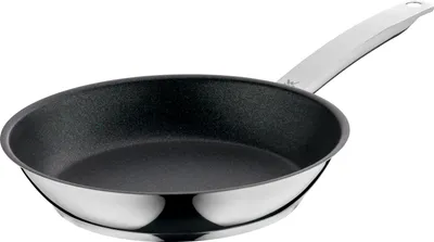 A stainless steel frying pan with a black non-stick interior and a silver handle, shown against a white background.