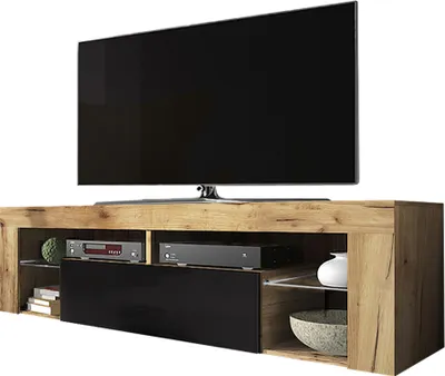 Obrázek produktu pro Selsey TV skříňka BIANKO - TV skříňka vzhled dřeva Lancaster dub s klapkou v černém vysokém lesku Stojící 140 cm