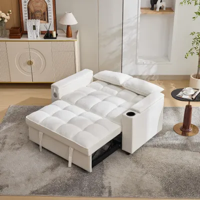 Obrázek produktu pro Rozkládací pohovka 3 v 1, béžová, rozměry 140,5 x 74 x 82 cm. Látková pohovka, dvoumístná, relaxační pohovka s nastavitelnou opěrkou a USB portem, vhodná do obývacího pokoje