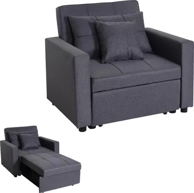 A dark gray sofa bed is shown in two configurations: as a chair and as a partially extended bed.