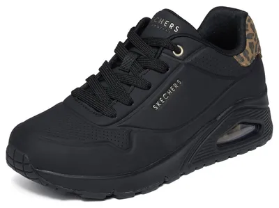 Image de Baskets Skechers Uno Jungle Nite pour femmes, en similicuir noir et daim imprimé léopard