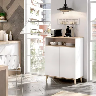 Produktbild von Sideboard Dmossin, Wohnzimmer-Pantry-Buffet, modernes Wohnzimmer-Sideboard mit 2 Türen, 80x40h102 cm, Weiß und Eiche
