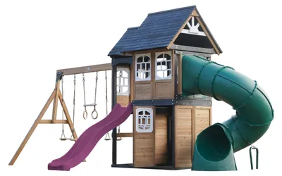 Produktbild von AXI Noud Spielturm aus Holz mit 2 Schaukeln & Rutsche in Lila & Röhrenrutsche | XXL Spielhaus / Spielplatz für Kinder mit Klettergerüst & Trapez |