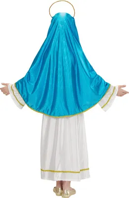 A child wearing a costume of the Virgin Mary, seen from the back.