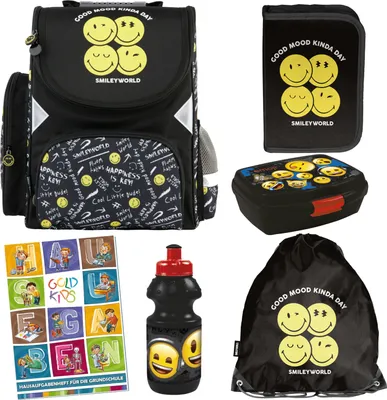 Produktbild von Schulranzen für Jungen und Mädchen - Schul-Rucksack für Kinder mit Federmäppchen - Schuhbeutel und Hausaufgabenheft - Emoji Motiv