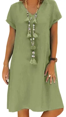 Produktbild von Tincini Sommerkleid Damen Leinen Kleider Casual V-Ausschnitt Midikleid Kurzarm A