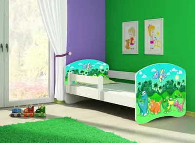 Produktbild von Kinderbett, Babybett 70x140, 80x160, 80x180cm Juniorbett, Kind, Motiv, Schublade CLAMARO, Bett Farbe:30 Dinosaurier, Ausführung:Ohne Bettkasten, Bett Größe:140 x 70 cm