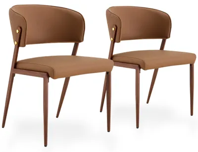 Productafbeelding van Set van 2 eetkamerstoelen van kunstleer met gestoffeerde rugleuning en metalen poten, bruin/bruin