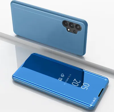 A blue smartphone case with a clear view flip cover is shown in two orientations, one showing the back and the other showing the front with the screen displaying time and date.