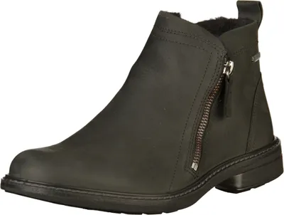 A black leather boot on a white background.