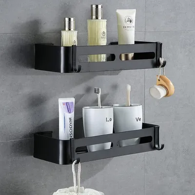 Produktbild von Badkamerregal ohne Bohren - abnehmbare Haken - schwarz - Aluminium