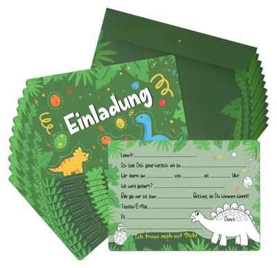 Produktbild von 12 Einladungskarten inkl. Umschläge "Dino Party"