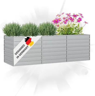 Produktbild von Hochbeet für Garten Oskar Silber | 240x80x77cm | Verzinkter Stahl | Wetterfest | Hochbeet Metall Gartenbeet Kräuterbeet Blumenbeet Beet hoch Frühbeet für Garten Gemüsebeet