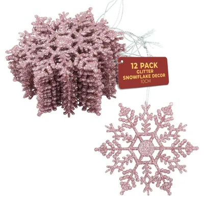 12 Glitzer-Schneeflocken Rosa 10 cm – Weihnachtsbaumschmuck