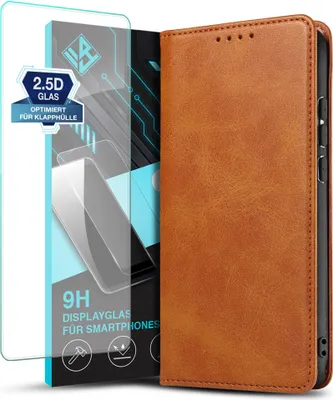 Produktbild von Handyhülle für Xiaomi Redmi Note 14 Pro 5G mit 9H Displayglas Kunstleder Flip Cover Hülle Handytasche Case Kartenfach Farbe: Hellbraun