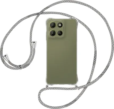 Produktbild von Handykette Backcover-Schutzhülle mit Band (Metall silberfarben) für Motorola Moto G15 - weiß/grau kariert