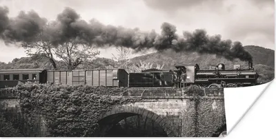 Produktbild von MuchoWow® Poster Schwarz-Weiß-Fotografie eines Dampfzuges, der eine Brücke überquert 150x75 cm - ohne Rahmen