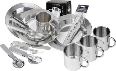 Produktbild von Edelstahl Campingbesteck im BW Stil mit Thermobecher und Teller 1er 2er oder 4er Set - 4 Personen - Set