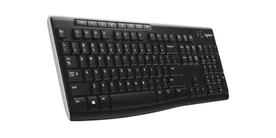 A black Logitech wireless keyboard is shown from a diagonal angle against a white background.