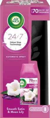 The image shows the packaging of an Air Wick automatic spray air freshener.
