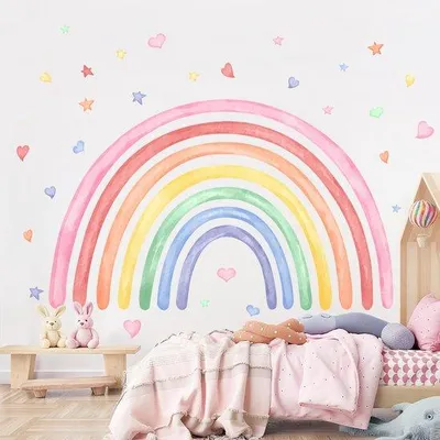 Produktbild von Unyqoos® Regenbogen-Wandsticker, bunt, selbstklebend, Vinyl, wasserfest & rückstandsfrei – 195 x 110 cm, Aquarell-Motiv mit Herzen & Sternen für Kinderzimmer