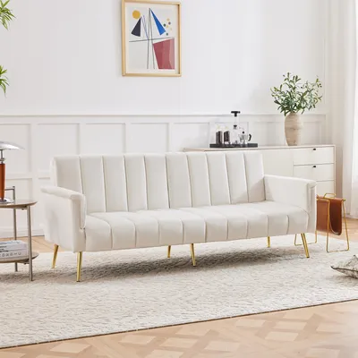 Image de OKWISH Canapé Convertible Canapé-Lit 2 Places avec Fonction Couchage et Pieds d’Appoint Intégrés, Revêtement Velours, 183 x 76 x 75 cm - Beige