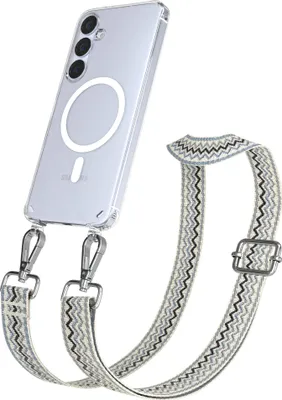 Produktbild von EAZY CASE - Handykette mit MagSafe Hülle für Samsung Galaxy S25 Plus, Handyband Wave Style, Karabiner Silber, Umhängeband in Beige