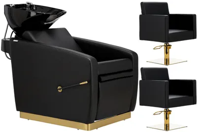 Produktbild von Cilo Set schwarz Friseursalonwaschbecken und 2x Friseurstuhl hydraulisch drehbar für den Friseursalon Waschbecken bewegliche Keramikschüssel Armatur Wasserhahn Handbrause