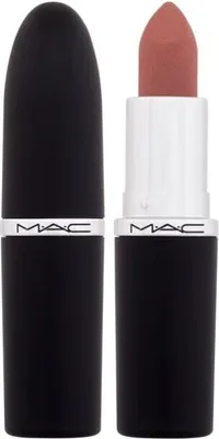 A MAC lipstick in the shade Velvet Teddy, shown with its cap off and on.