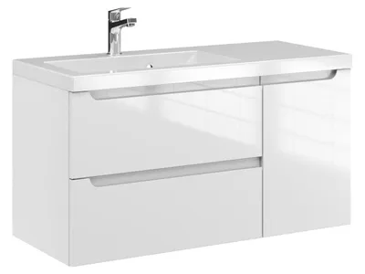 Produktbild von Furni Badunterschrank 90 cm D L Weiß Hochglanz lackiert – Vormontierter Waschbeckenunterschrank mit Griffmulde, Hängend, 2 Schubladen