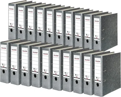 Produktbild von Original Falken 20er Pack Recycling-Ordner Wolkenmarmor.  Germany. 8 cm breit DIN A4 grauer Rücken Ringordner Aktenordner Briefordner Büroordner Pappordner CO2-Neutral Blauer Engel