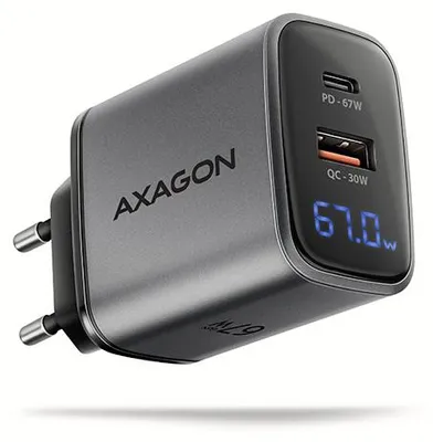 Produktbild von Axagon ACU-PQ67D PD3.0 & QC4+ 2x AUSGÄNGE, LCD-Display, Wandladegerät 67W, Drinnen, AC, Schwarz, Grau