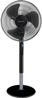 A black Honeywell stand fan is shown against a white background.