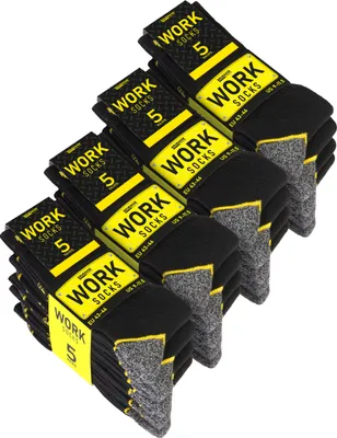 Produktbild von BRUBAKER 20 Paar Herren Arbeitssocken - Work Socken für optimalen Halt auf der Arbeit - Herrensocken aus Baumwolle, Schwarz Gelb Grau, 43-46