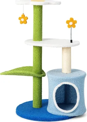 Produktbild von COSTWAY Kratzbaum Klein, Katzenbaum mit blumenförmiger Sitzfläche & 2 niedlichen Bällen & Katzenhöhle & blattförmiger Kletterturm, Katzenkratzbaum Holz, Katzen Katzenmöbel Kletterbaum, Grün, Blau