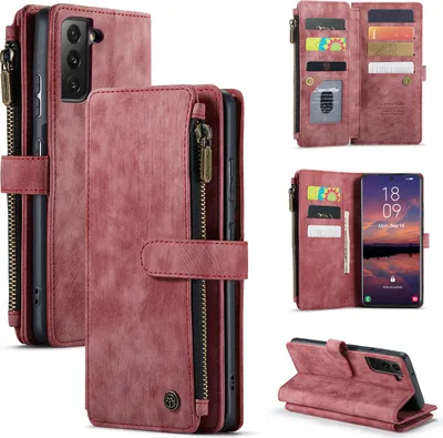 Obrázek produktu pro Kůže pouzdro pro Samsung Galaxy S23,PolyuretanKožené Pouzdro na Zip, Magnetické Uzavírání, Kapsa na Karty, Stojánek, Peněženka pouzdro červené