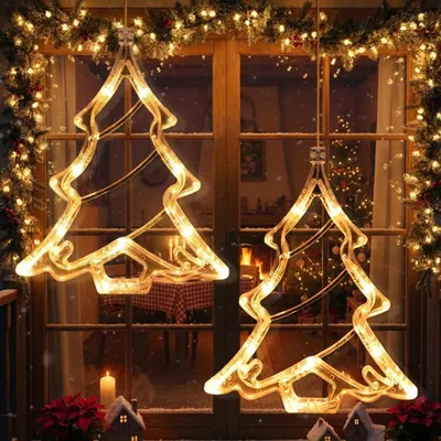 Produktbild von LED Weihnachtsstern Fensterlichter 2 Stück Warmweiß LED Weihnachtsbäume Lichter Fenster Hängeleuchten Batterie Weihnachtsdeko Tür Haus Party Deko