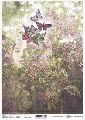 Image de Papier de riz ITD pour découpage, papier de bricolage : visage de femme, plantes, papillons R2076
