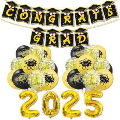 Abschlussfeier-Deko-Set: Girlande, Zahlenballons 2025, Konfetti