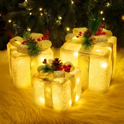 3er Set LED-Geschenkboxen, 60 warmweiße LEDs, Timer, IP44