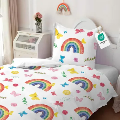 Immagine prodotto di Set di lenzuola per bambini, motivo arcobaleno, dimensioni 135x200 cm, con federa 80x80 cm, in microfibra