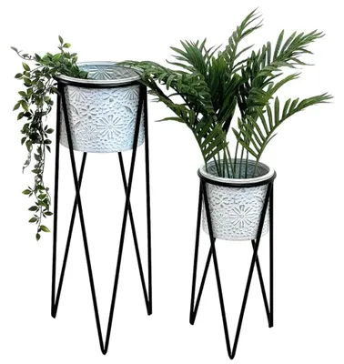 Produktbild von DanDiBo Blumenhocker mit Topf Metall Schwarz Weiß 2er Set Blumenständer 96043 Blumensäule Modern Pflanzenständer Pflanzenhocker