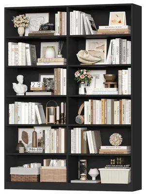 Image de Bibliothèque en bois - Grande étagère sur pied à 12 compartiments - Étagère ouverte pour salon, bureau ou cabinet de travail - 120 x 30 x 188,7 cm - Noir