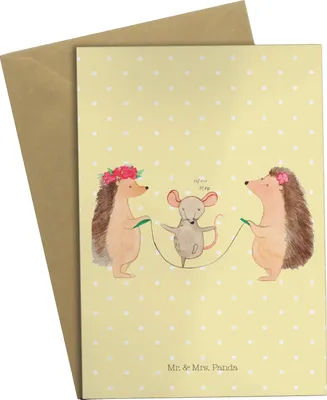 Produktbild von Mr. & Mrs. Panda Grußkarte Igel Seilhüpfen - Gelb Pastell - Geschenk, Kindergarten, Kinder, Lustige Sprüche, Maus, Seilspringen, weihnachtskarten, osterkarte, osterkarten