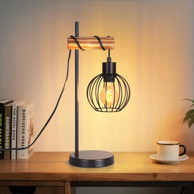 Produktbild von ZMH Tischlampe Schwarz Holz Tischleuchte Vintage Nachttischlampe 1 flammig im Industrial Metall E27 Fassung Retro Nachttischleuchte ohne Leuchtmittel