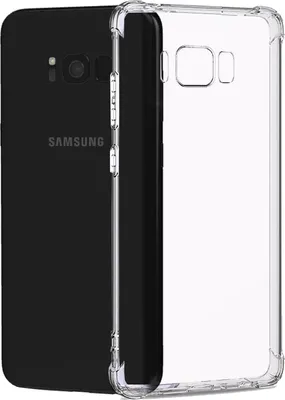 A black Samsung Galaxy S8 phone is shown next to a transparent phone case.