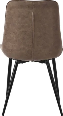 The back view of a brown dining chair with black metal legs, isolated on a white background.