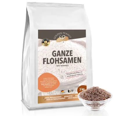 Produktbild von GOLDEN PEANUT Flohsamen ganz 3 kg - 99 % Reinheit, ballaststoffreich, ohne Zusätze, aus Indien, vegane und glutenfreie Backzutat