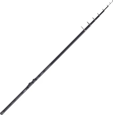 A long, black, telescopic fishing rod is shown against a white background.
