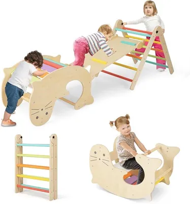 Imagen del producto de Estructura de escalada triangular con tobogán, parque infantil interior 7 en 1, a partir de 3 años. Estructura de escalada triangular plegable y con altura ajustable. Zona de juegos interior combinable libremente (de colores)